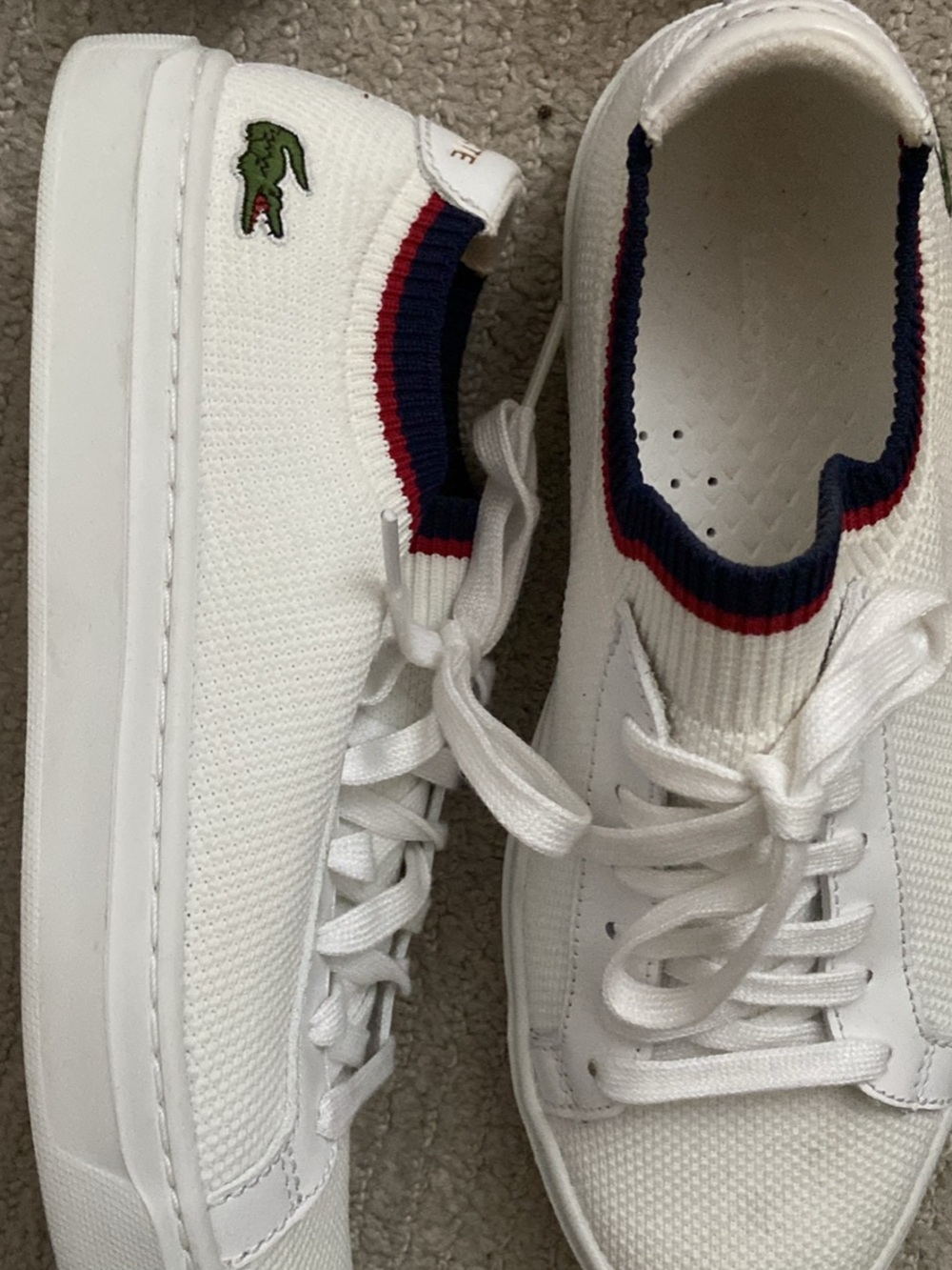 Lacoste White Knit Sneakers with Navy & Red Collar Trim
